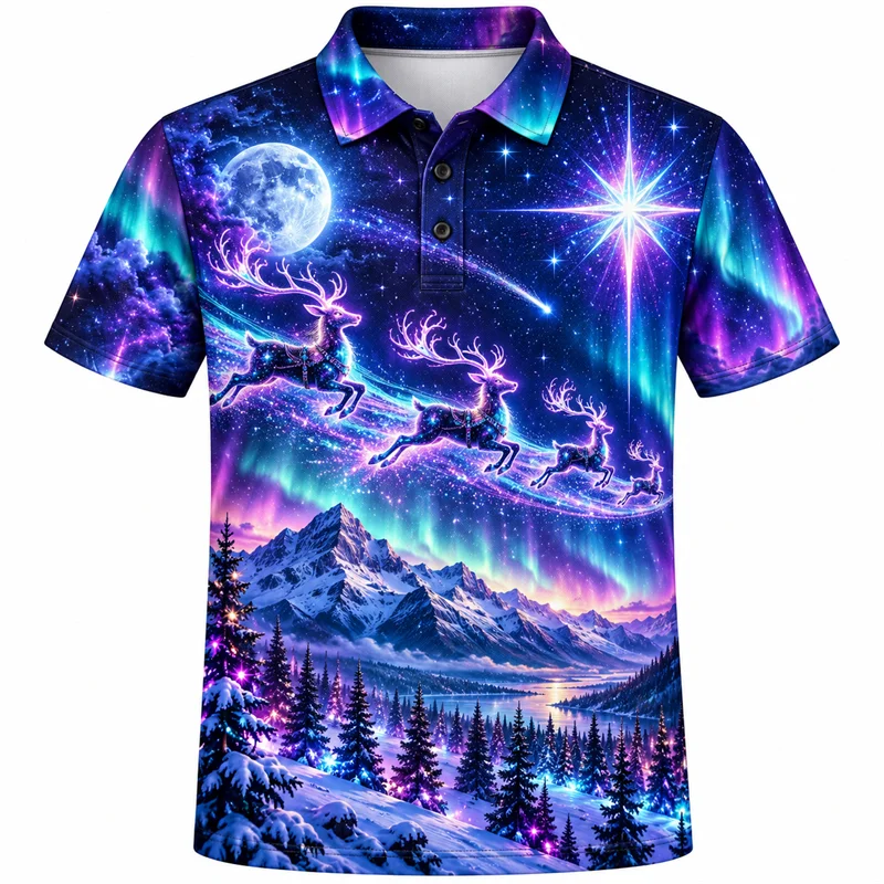 Christmas Polo Shirt for Men Short Sleeve Colorful Aurora Castle Corgi Candyland Designs Holiday Party Top