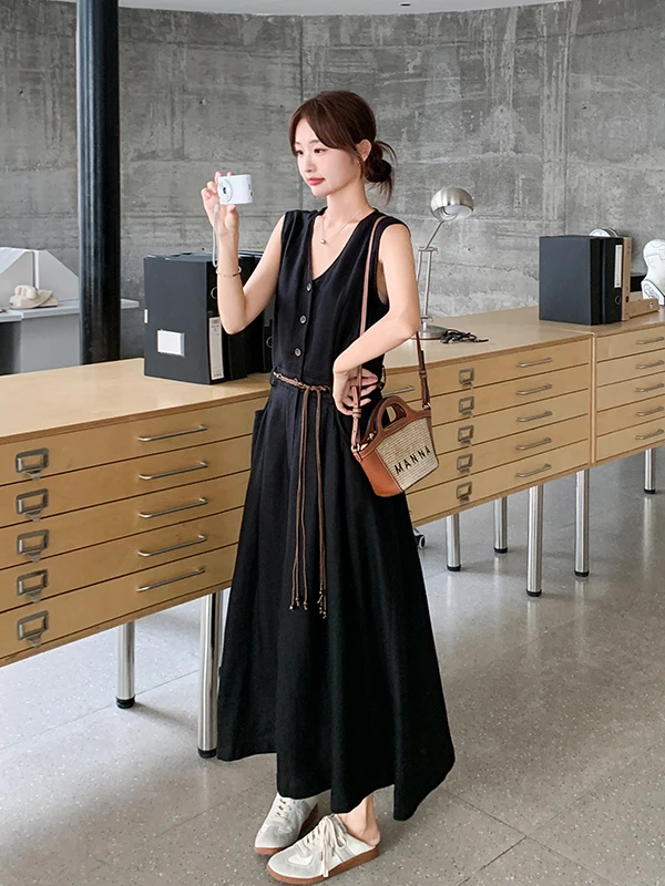

Knee-Length V-Ne Svel Vest Dr Women's Summer 2025 New High Waist A-Line Long Skirt Slimming Effect Korean Sle