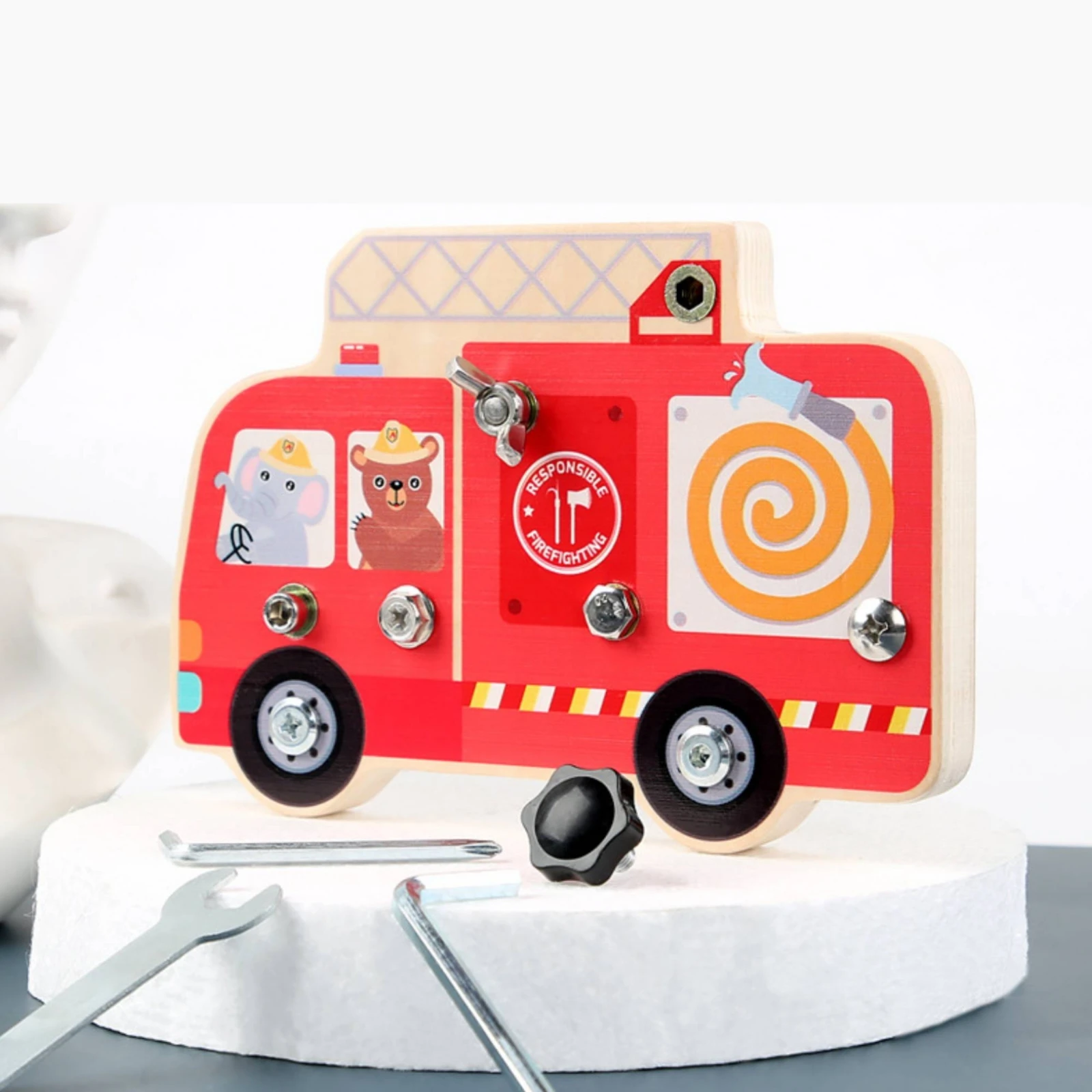 nut-assembly-toy-threaded-holes-wooden-fire-truck-toy-screw-and-nut-play-board-red-printed-wooden-screwdriver-board