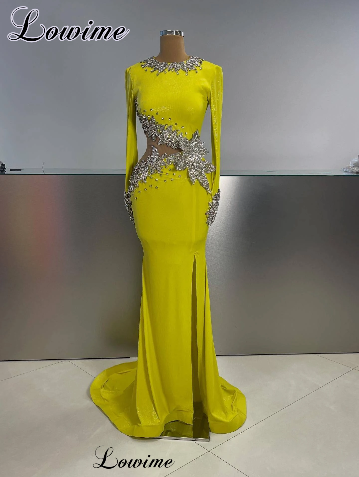 Lemon Yellow Simple Evening Dresses With Crystals Long Sleeves Elegant Celebrity Dresses Party Gowns Robes De Soirée Customized