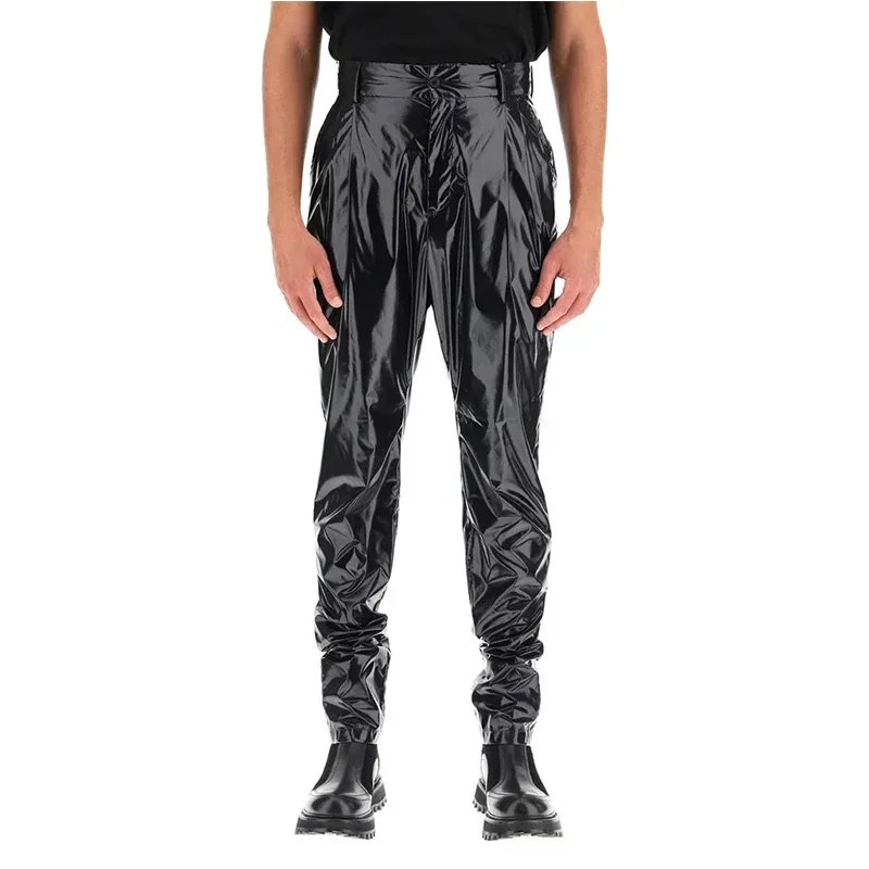 

Men's Shiny Faux Leather High Waist Pleated Pencil Pants Male Chic Elastic PU Slim Trousers New Entertainment Casual Pant Custom