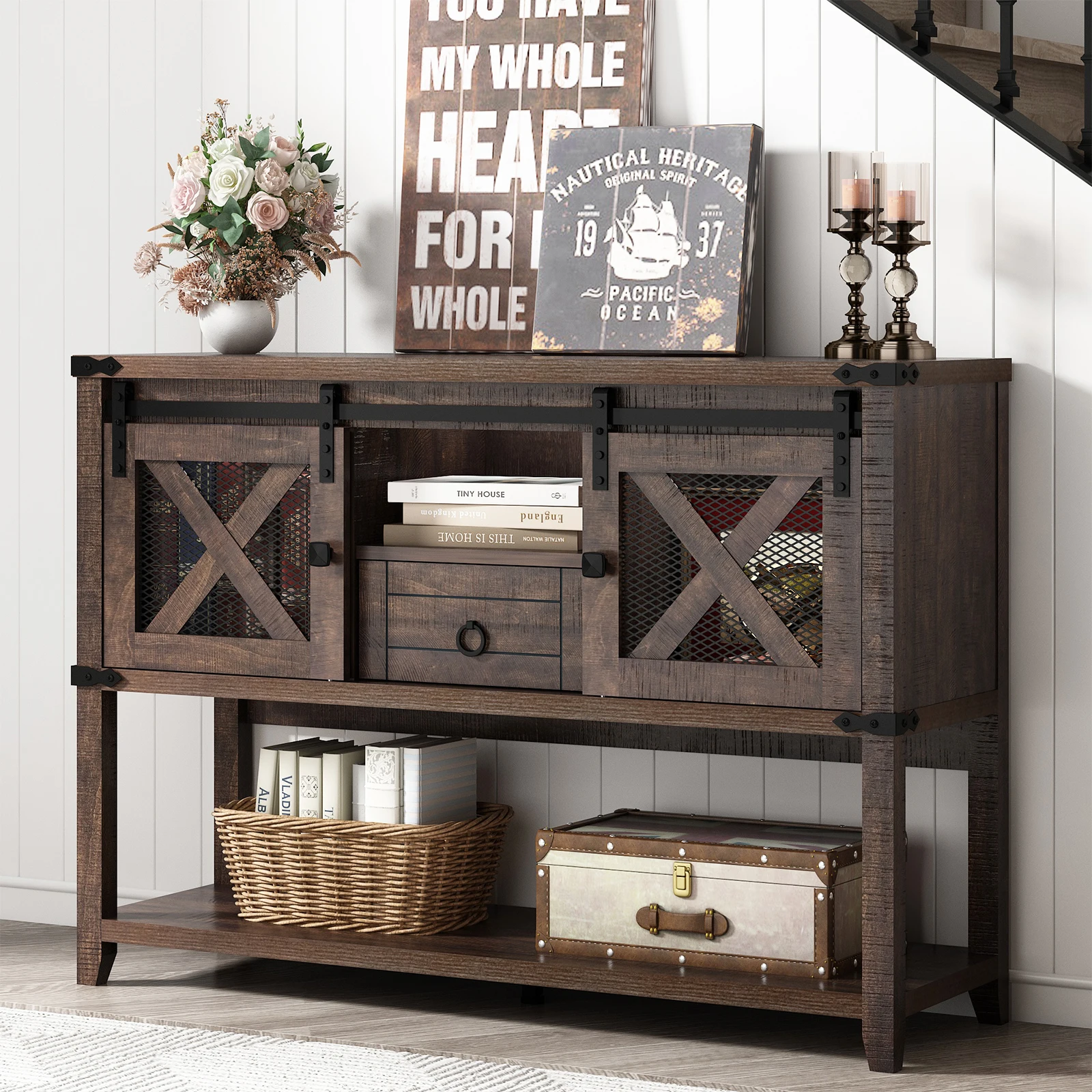 

46" Farmhouse Entryway Table with Sliding Barn Doors, Console Table with Large Storage Wood Console with 1 Drawers 1 Tier Storag