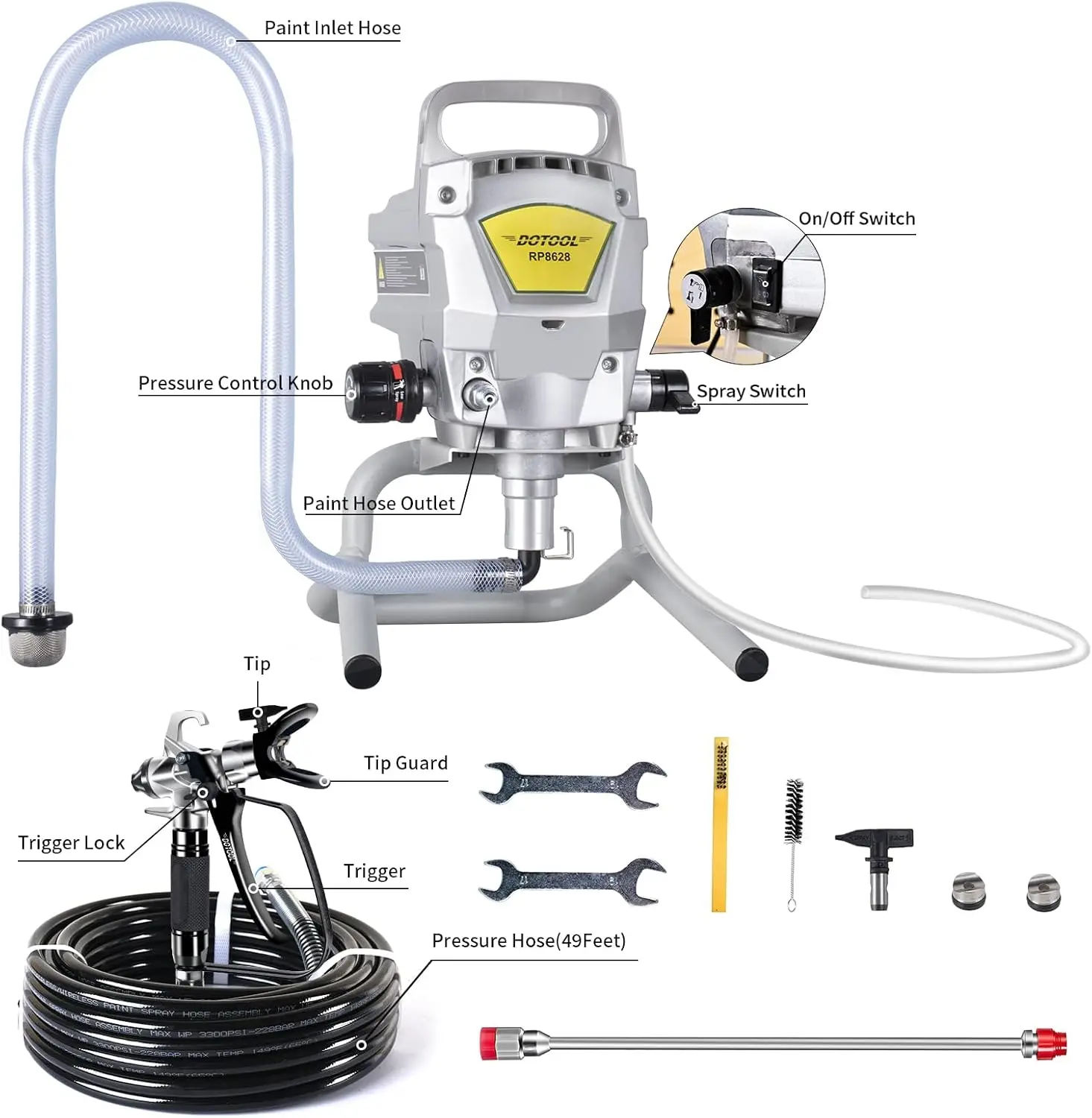 Airless Alta Eficiência Pintura Pistola De Pulverizador, Thinning-Free com Extensão Pólo, outros acessórios, 3300PSI