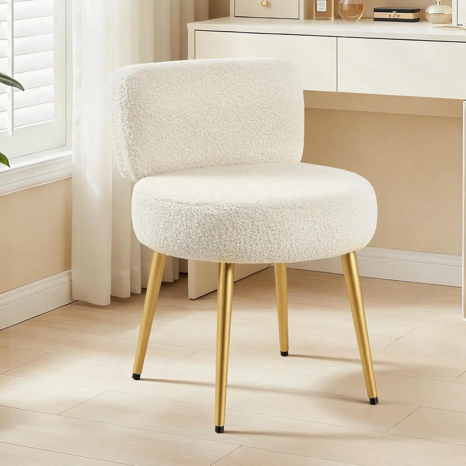 

Fluffy Vanity Chair with Back - Small Cozy Desk Chair for Bedroom, Home Office, Living Room (White)