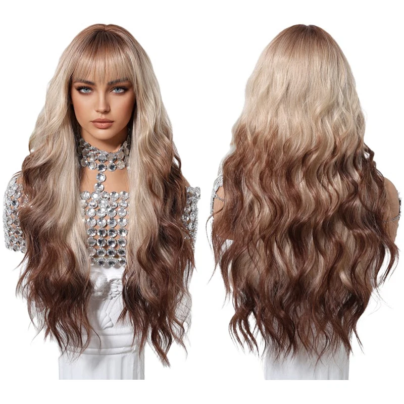 

Long Wavy Ombre Blonde Brown Wig with Bangs for Women Natural Synthetic Heat Resistant Wig for Daily Cosplay Party Halloween Use