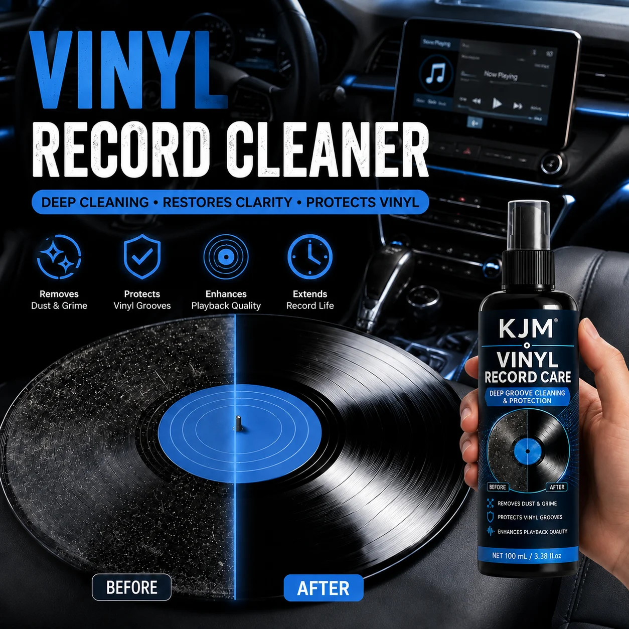 KJM Multi-Surface Care Cleaning Spray for Vinyl Record Anti-Static Deep Decontamination & Car Interior Small Gap Dust Cleansing