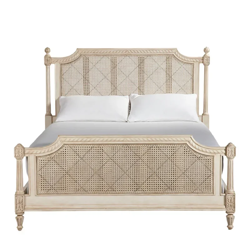 

French solid wood carving rattan bed French villa bed American light luxury bed 1.8m double master bedroom