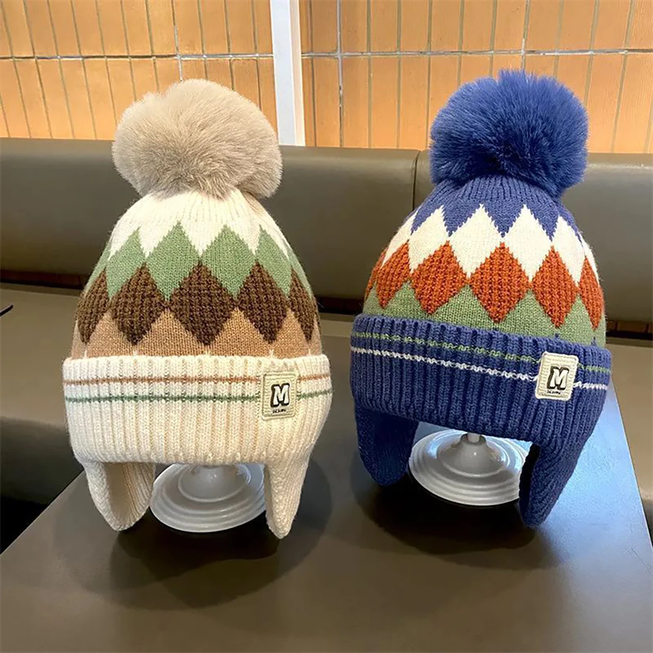 Fluffy Plush Ball Children Knit Hat Winter Warm Kids Ear Protection Hats Velvet Lining Baby Earmuffs Cap Pompom Beanie 2-10Year