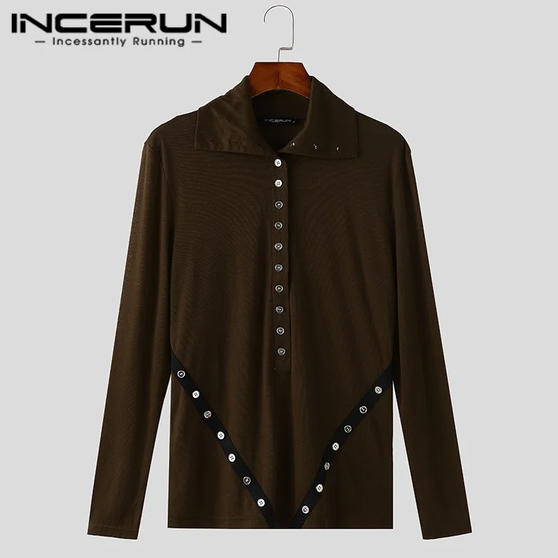INCERUN Męska Koszula Patchworkowa z Klapami, Długi Rękaw, Zapinana na Guziki, Casualowa Odzież Męska, Camisas Streetwear, Moda Męska 2025, Koszule Męskie S-3XL