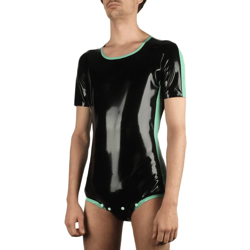 

Black And Jade Green Two colour Latex Bodysuits Diaper Buttons Rubber Jumper Catsuits Sriples Shorts Briefs Romper Jumpsuit 349