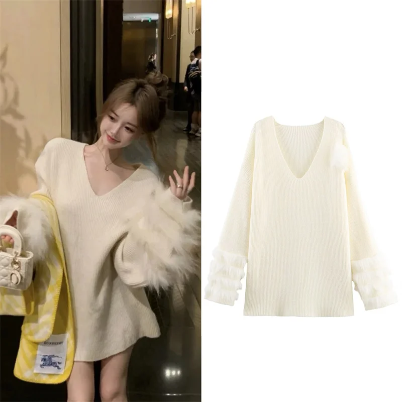 

Women's Top 2025 Autumn New Style White Long-Sleeve V-Neck Knit Top Clean and Pure Sexy Fashionable Elegant Lady Style