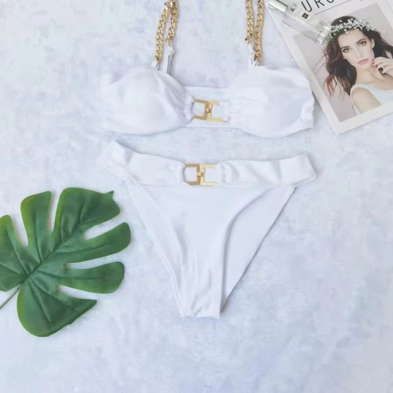 Sexy three-piece bikini swimsuit, sleeveless, adult, with metallic accessories, women's two-piece tight-fitting swimwear