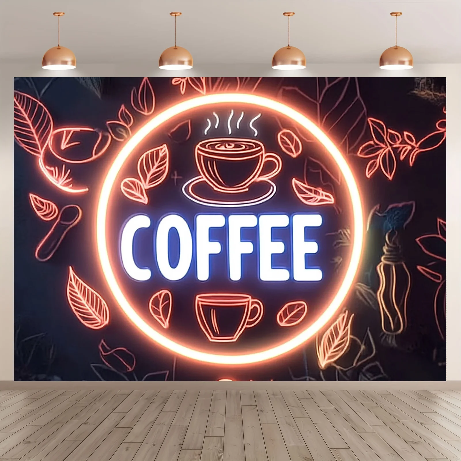 قطعة واحدة من لافتة قهوة نيون بخلفية بوليستر، حروف "قهوة" متوهجة وأنماط حبوب القهوة، ديكور مقهى