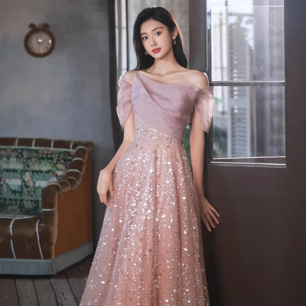 

Elegant Pink Off Shoulder Evening Dresses A-line Backless Bandage Prom Gown For Women Glitter Tulle Floor Length Banquet Dress