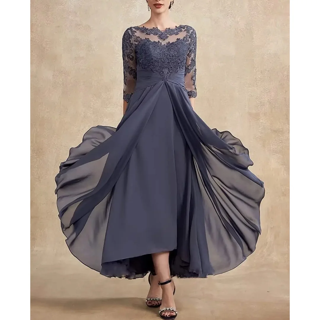 

Elegant Chiffon Mother of the Bride Dresses Lace Applique Three Quarter Irregular Ruffles Classic Groom Mom's Wedding Prom Dress