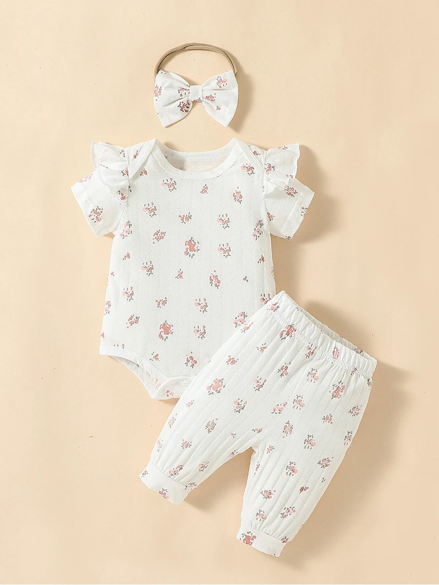 2pcs  Newborn Baby Girls Floral Short Sleeve Summer/Spring Soft Cotton Daily Pantsuit +Headband