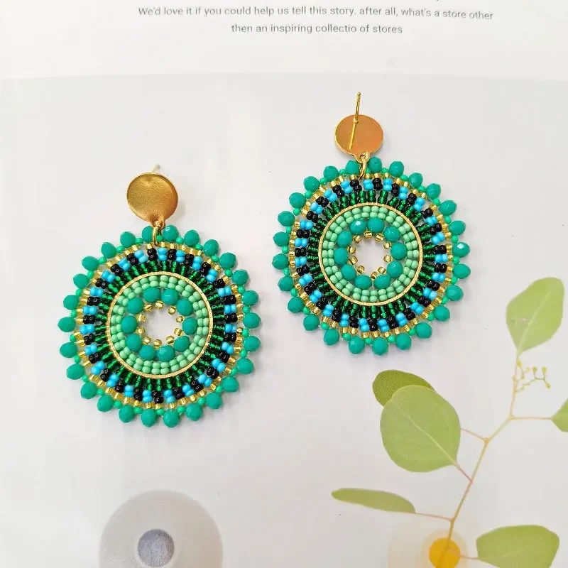 Bohemia Rice Bead Earrings, girassol verde Fashion, redondeza mão tricô cristal, Bohemia liga geometria, simples frisado brincos