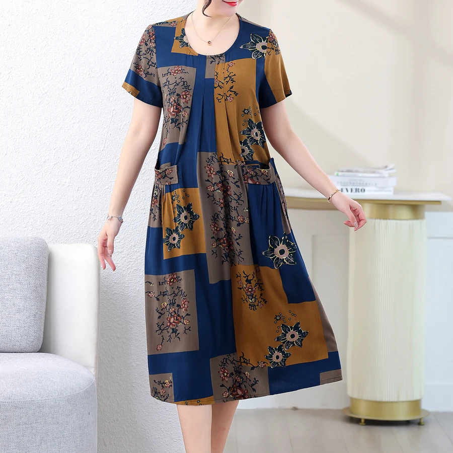 New Casual Fashion Summer Dress For Women 2022 Short Sleeve Mid-Calf Loose Waist O-Neck Robe Femme Plaid Dresses