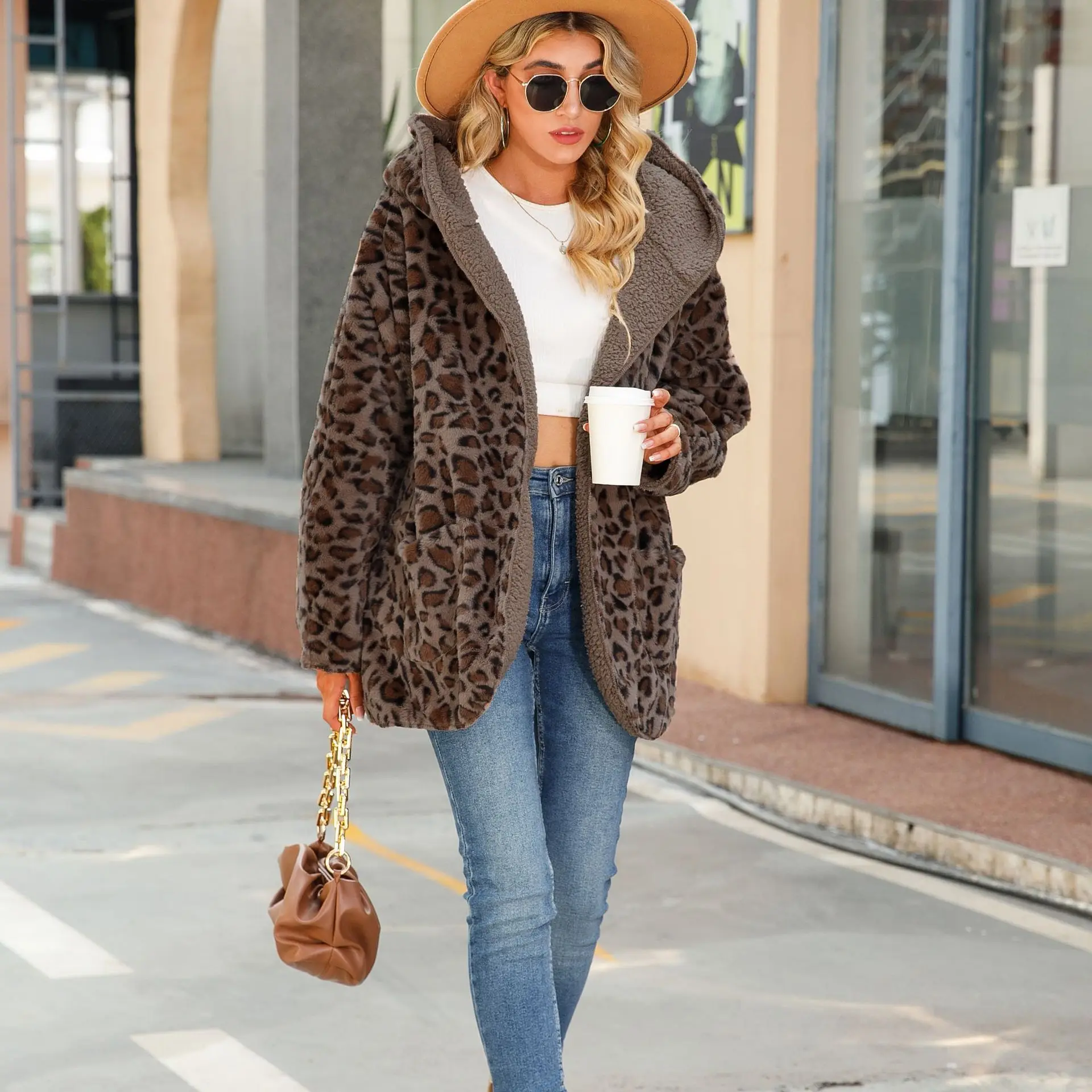 Women Jacket Leopard Print Thickened Plush Hooded Coat With Pockets Casual Zipper Closure Double-sided Women's Winter Clothing