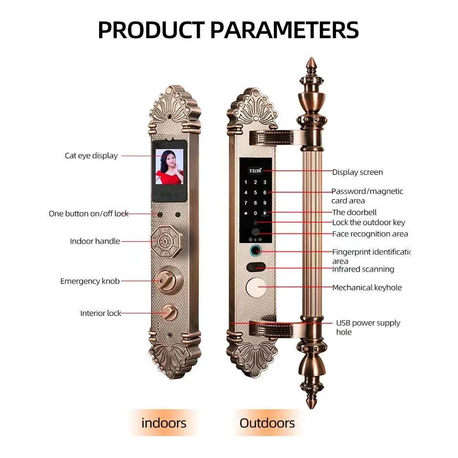 Waterproof  Wireless 3D Face & Fingerprint Recognition Smart Door Lock Zinc Alloy IC Card Wood Door App Network Brass Door Key view 3