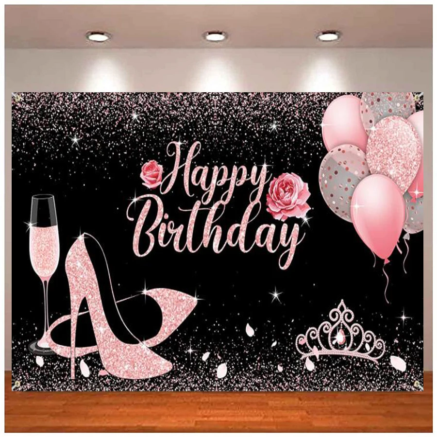 Glitter Rose Pink Birthday Party Background Banner Balloons Heels Wine Glass Photography Backdrop Decor For Women Girls Supplies