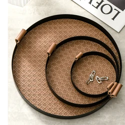 Ahunderjiaz-Rattan Lattice Leather Round Tray, Metal Cosmetic Storage Tray, Jewelry Display Tray, Home Decoration