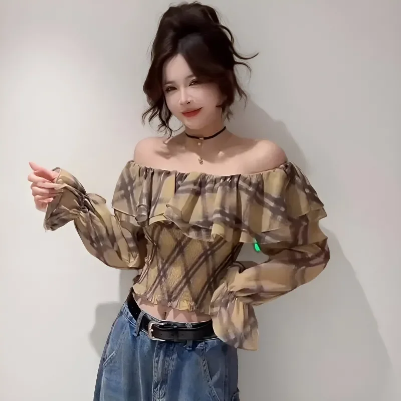 

Y2k Sweet Ruffled Plaid Shirt One-shoulder Strapless Flared Sleeves Autumn New Vintage Slim Spice Girls Shirt Women Short Tops