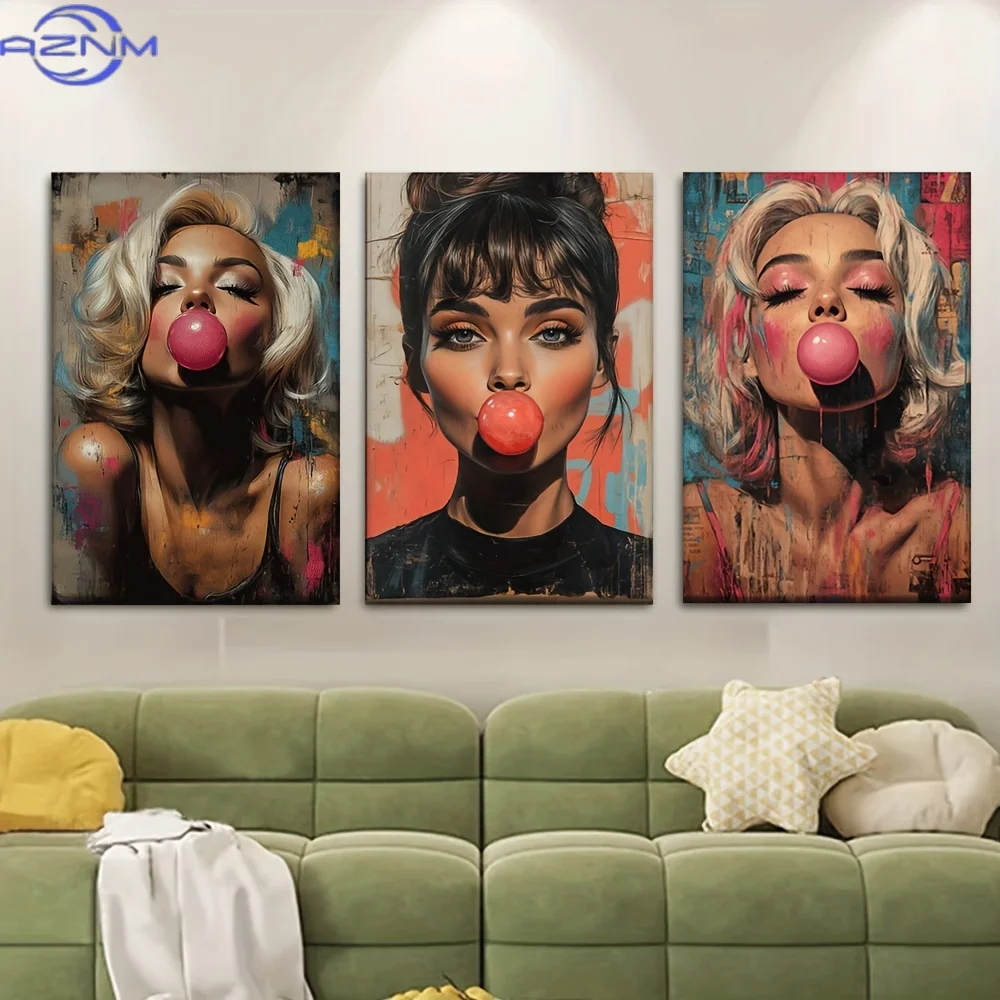 3pcs/set, Canvas painting--Unframed, The beauty blowing pink bubbles, Posters and prints, living room, library, office, cafe, ba