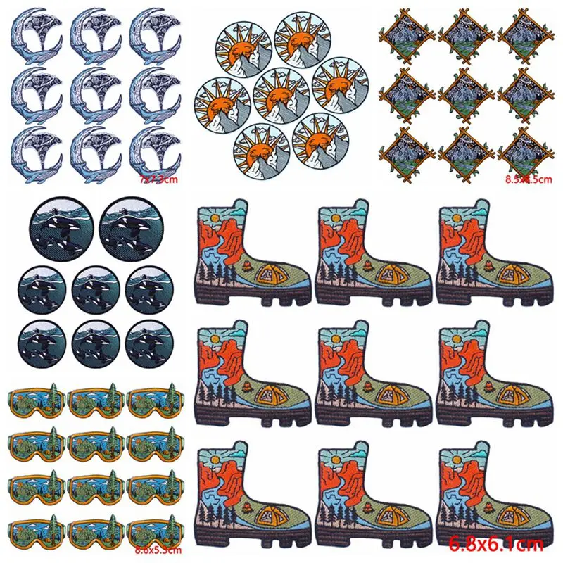 10 teile/los Camping Schuhe gestickte Patches für Kleidung DIY Berg Outdoor Abzeichen Eisen auf Patches auf Kleidung Applique Aufkleber