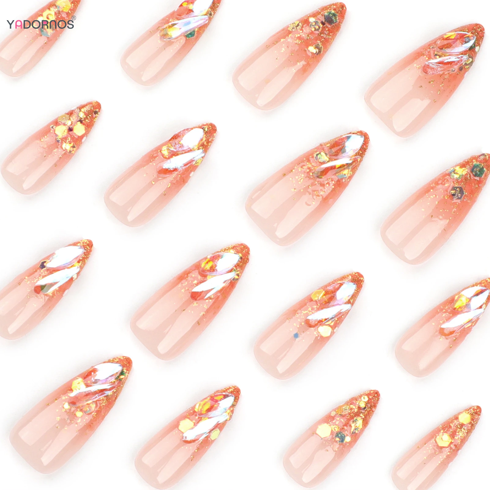 24pcs สไตล์ฝรั่งเศสเล็บปลอมยาว Stiletto แฟลชผงทอง Aurora Diamond Decor เล็บปลอมหรูหรากดบนเล็บ