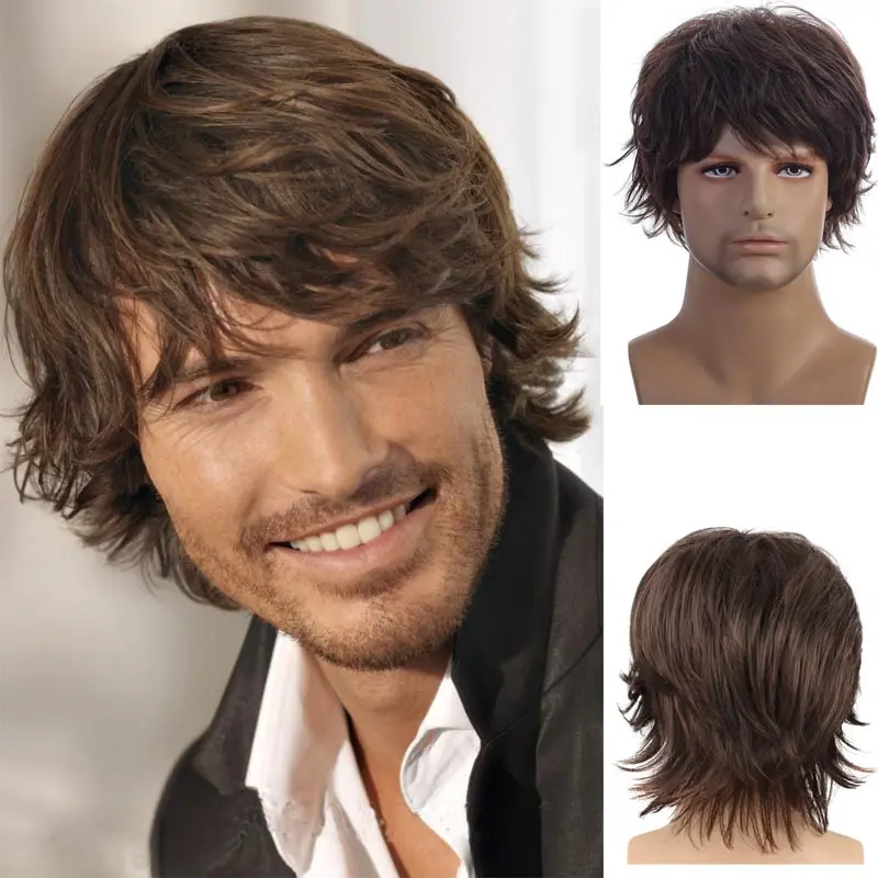 Short Brown Curly Hair Wigs for Men Soft Healthy Heat Resistant Synthetic Wavy Wig with Bangs Natural Looking Daily Party Wig