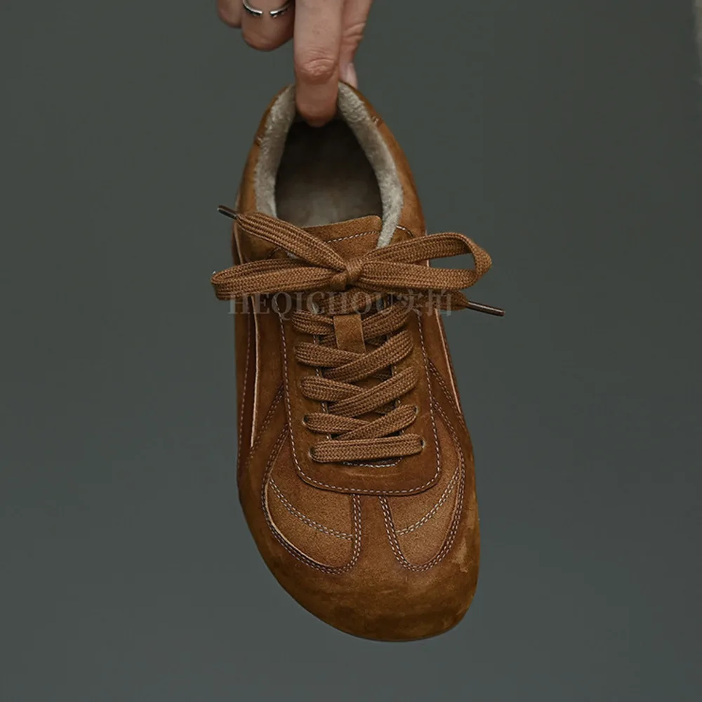 Women Caramel Brown Genuine Suede Leather Sneakers Fleece Lined Lace‑Up Retro Warm Flat Training Shoes