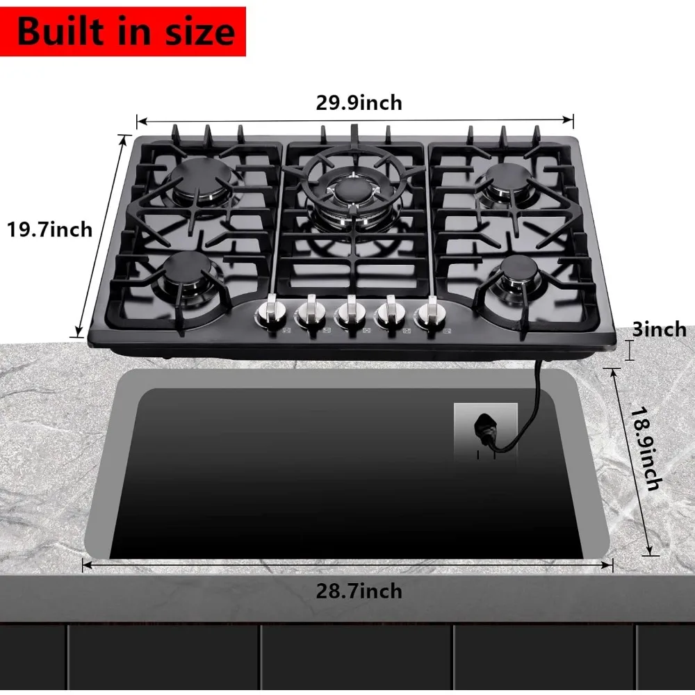30-дюймовая газовая варочная панель, встроенная газовая плита из нержавеющей стали, 5 высокоэффективных горелок, газовая плита, трансформируемая газовая плита (черный)