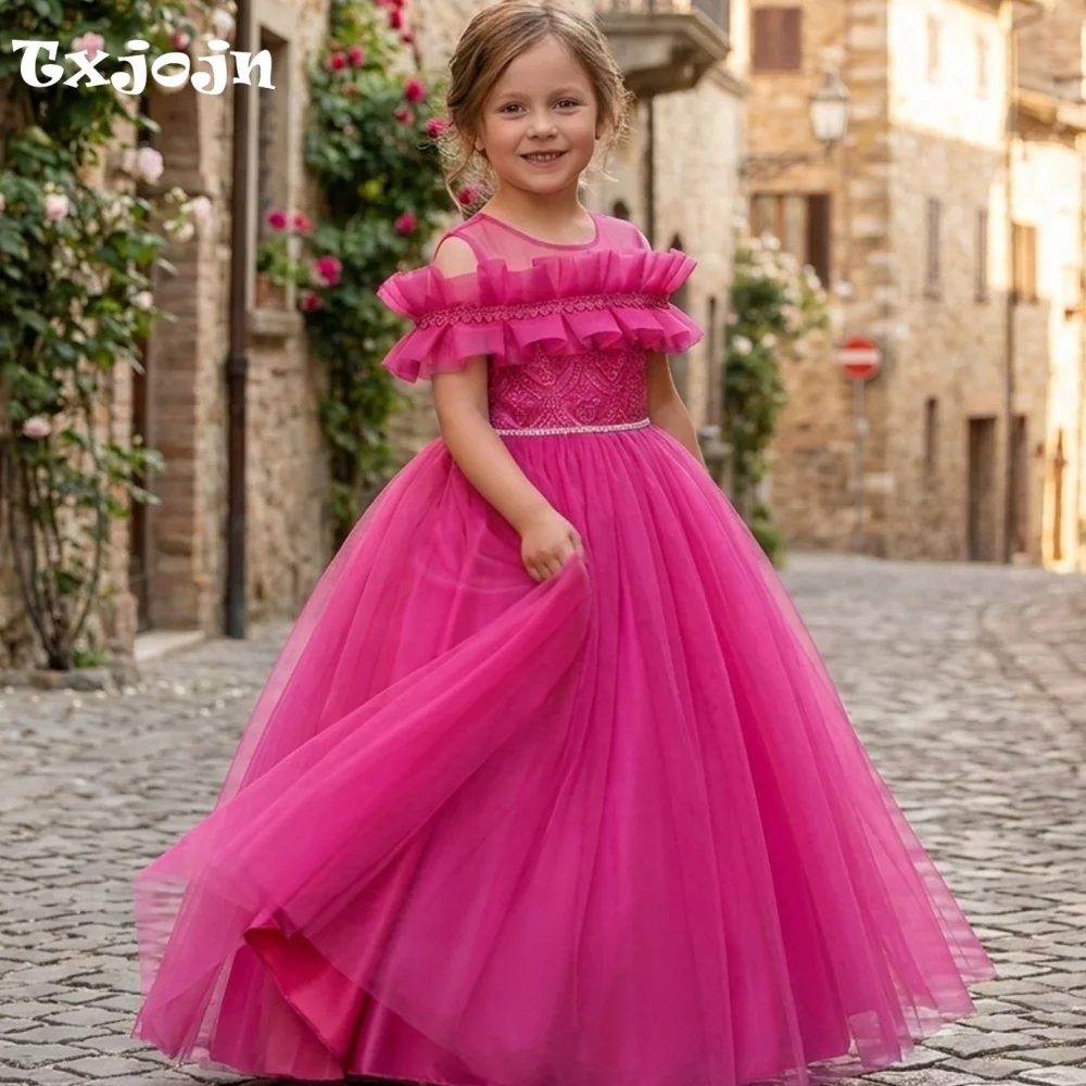 Girl's Dress 3-14 Year Old Girl's Bow Off Shoulder Princess Dress Long Mesh Dress Wedding Dress Flower Girl Performance Dress