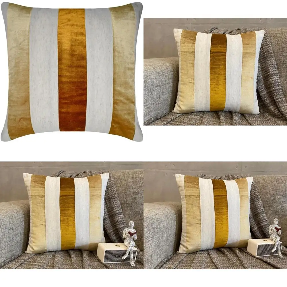 

Gold Velvet and Linen Patchwork Throw Pillow Covers, Set of 2, 22x22 inches for Decorative Home Accents
