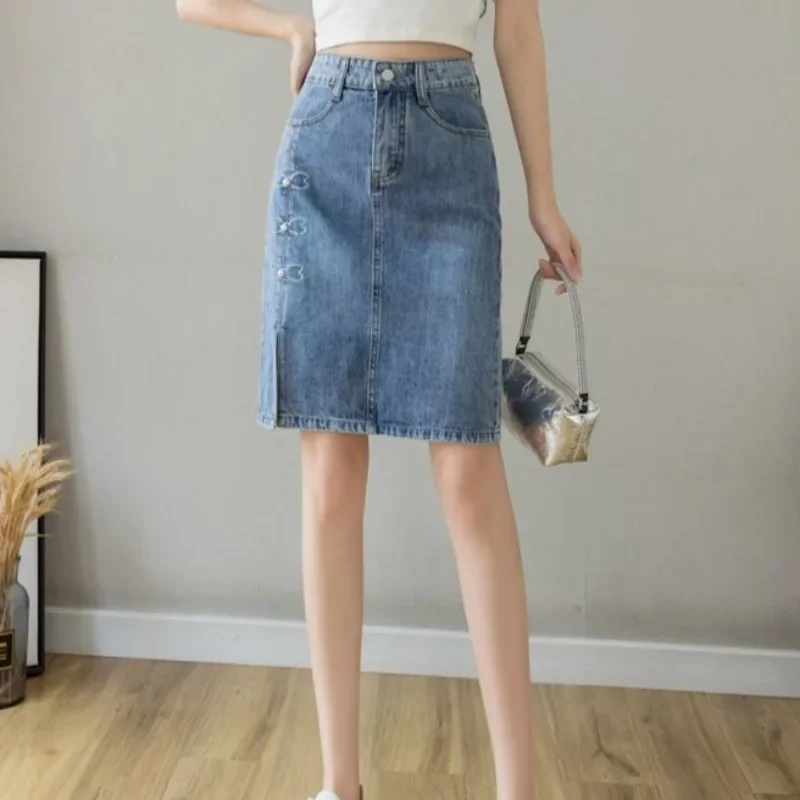 

High Waist Slit Midi Jeans Skirts for Women Korean Fashion Streetwear Clothing Trend 2025 Cheap Woman Denim Skirt with Pocket