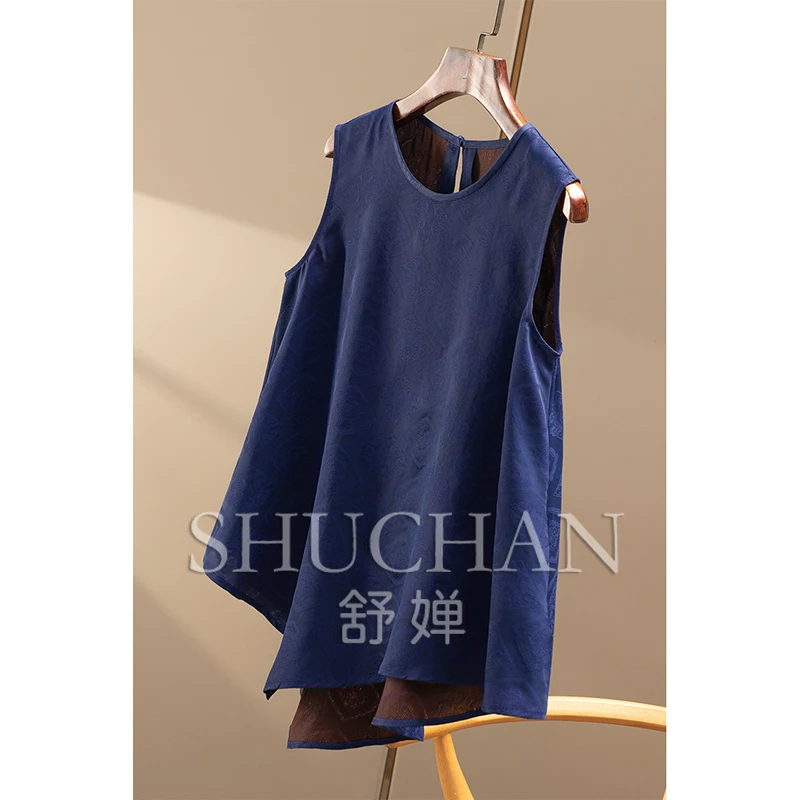 2025 Luxury Sapphire Blue Heavy Silk Fragrant Cloud Yarn Jacquard Vest Shirt Women's 74B3 Blusas Mujer De Moda Verano