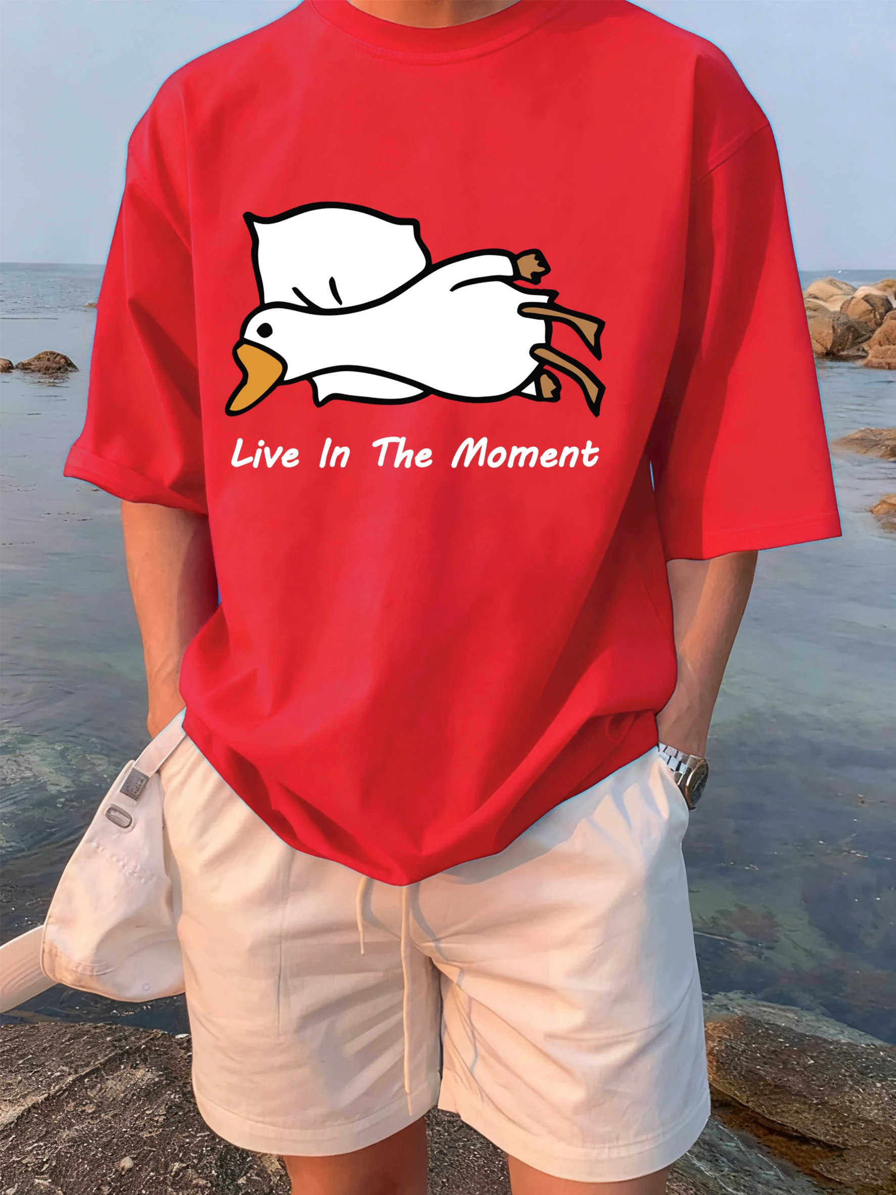 Goose Live In The Moment Print T Shirt Man Casual O-Neck Retro Short Sleeve Cotton Summer Clothing Unisex Fashion Loose T-Shirts