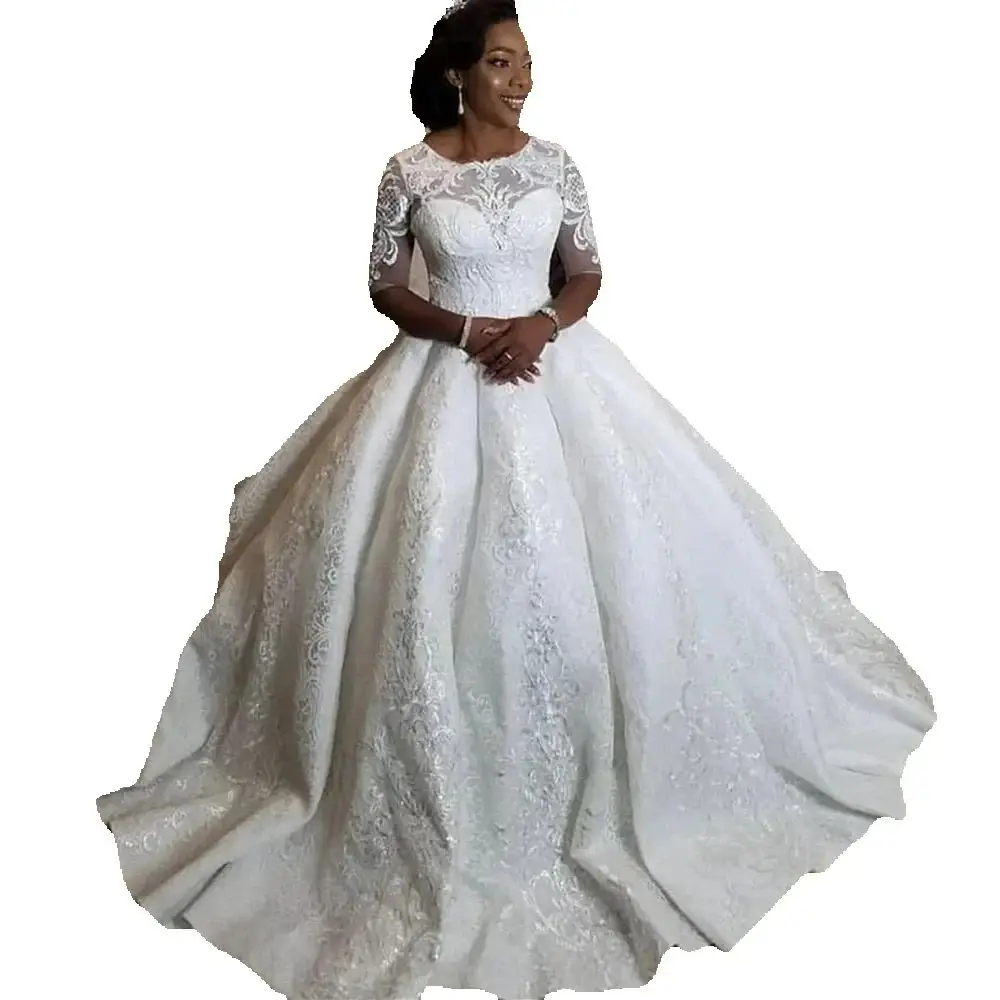

Customized Scoop Heavy Lace Appliques Wedding Dress Marriage Half Sleeves Ballgown Puffy Church Plus Size Bridal Gowns