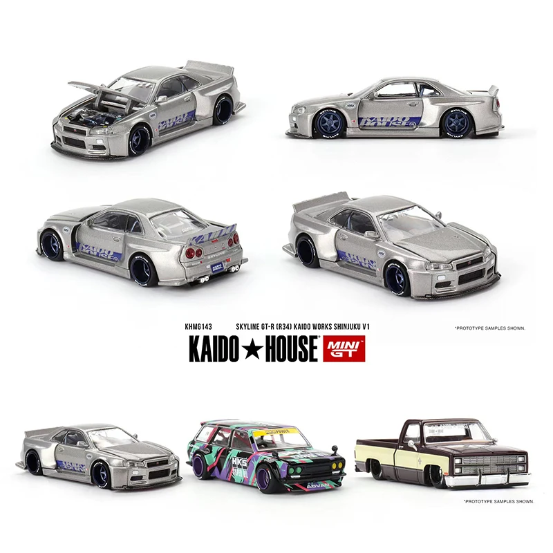 PreSale MINIGT KHMG143 1:64 Skyline GTR R34 Kaido Works Shinjuku V1 Openable Hood Diecast Car Model Kaido House