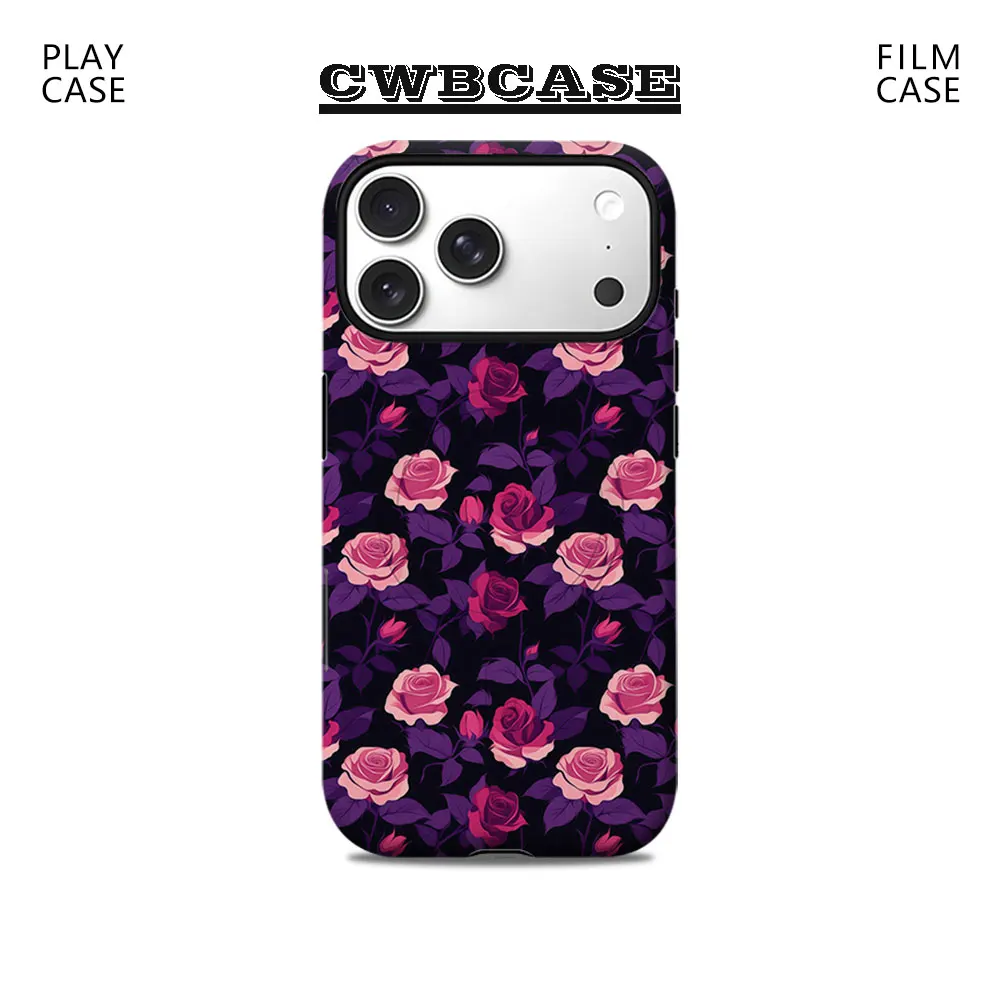 Capa de Celular Roxa e Rosa com Rosas para Capa Magnética de Celular para iPhone 17 16 15 14 13 Pro Max Plus Capa Resistente de Camada Única e Dupla