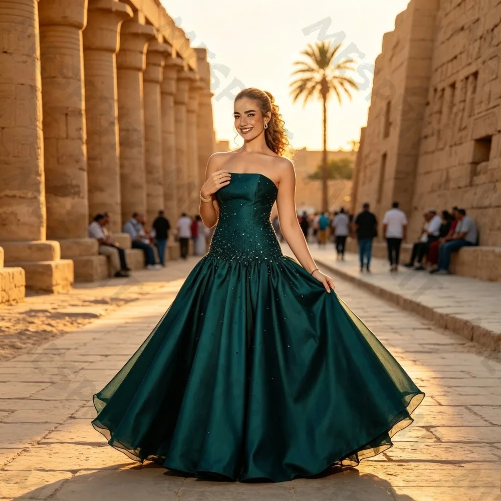 Customized Green Satin Strapless Ball Gown 2026 with Beaded Corset Elegant Formal Dress Suitable for Luxurious Sparkling Chiffon