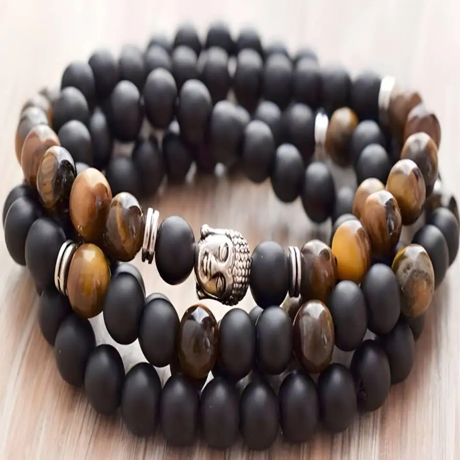 

8mm Frosted black agate Tiger Eye Gemstone 108 mala Bracelet Sacred Bodhi Jewelry Yoga Prayer Men's Bohemian Zen Gemstone Buddha