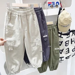 2024 Spring Autumn Children Boys Cargo Pants Elastic Pockets Solid Kid Boys Jogger Pants Letter Sticker Student Boys Trousers