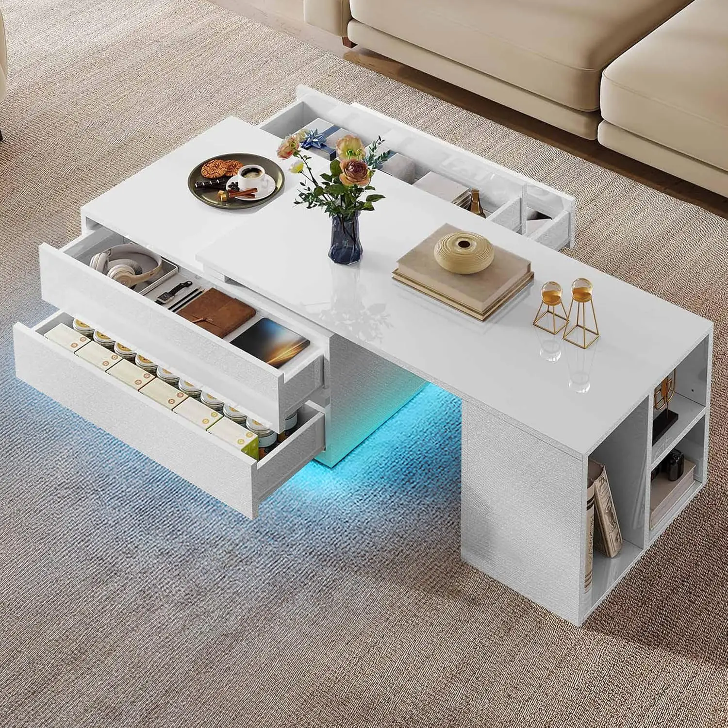35"-61" Extendable LED Coffee TableModern Wooden Rectangle Cocktail Table with Sliding Tabletop for Living Room, White