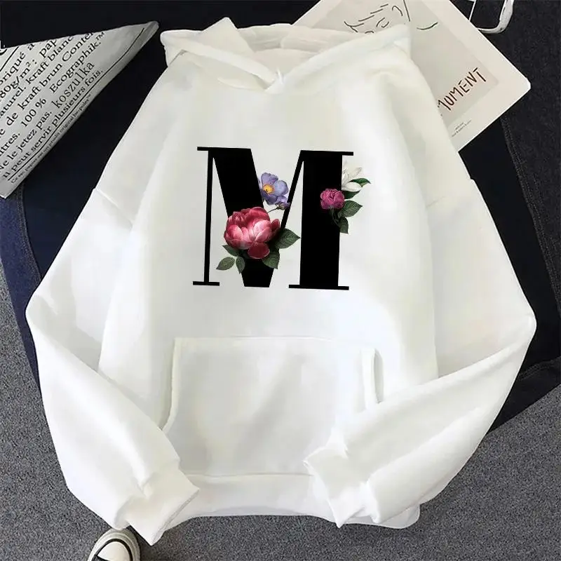 Letter A-Z Printed Womens Hoodies Casual Sweatshirts Sportswear Outdoors Sports Jogging Woman Clothing White Fashion Street Tops