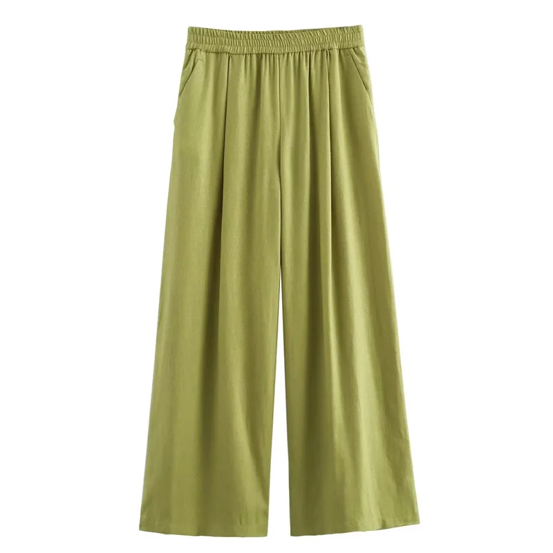 TRAF Woman Pants Set Two Pieces Oversize Green Shirts And Blouses Summer Baggy Wide Pants Sets Casual Linen Set Women 2 Pieces