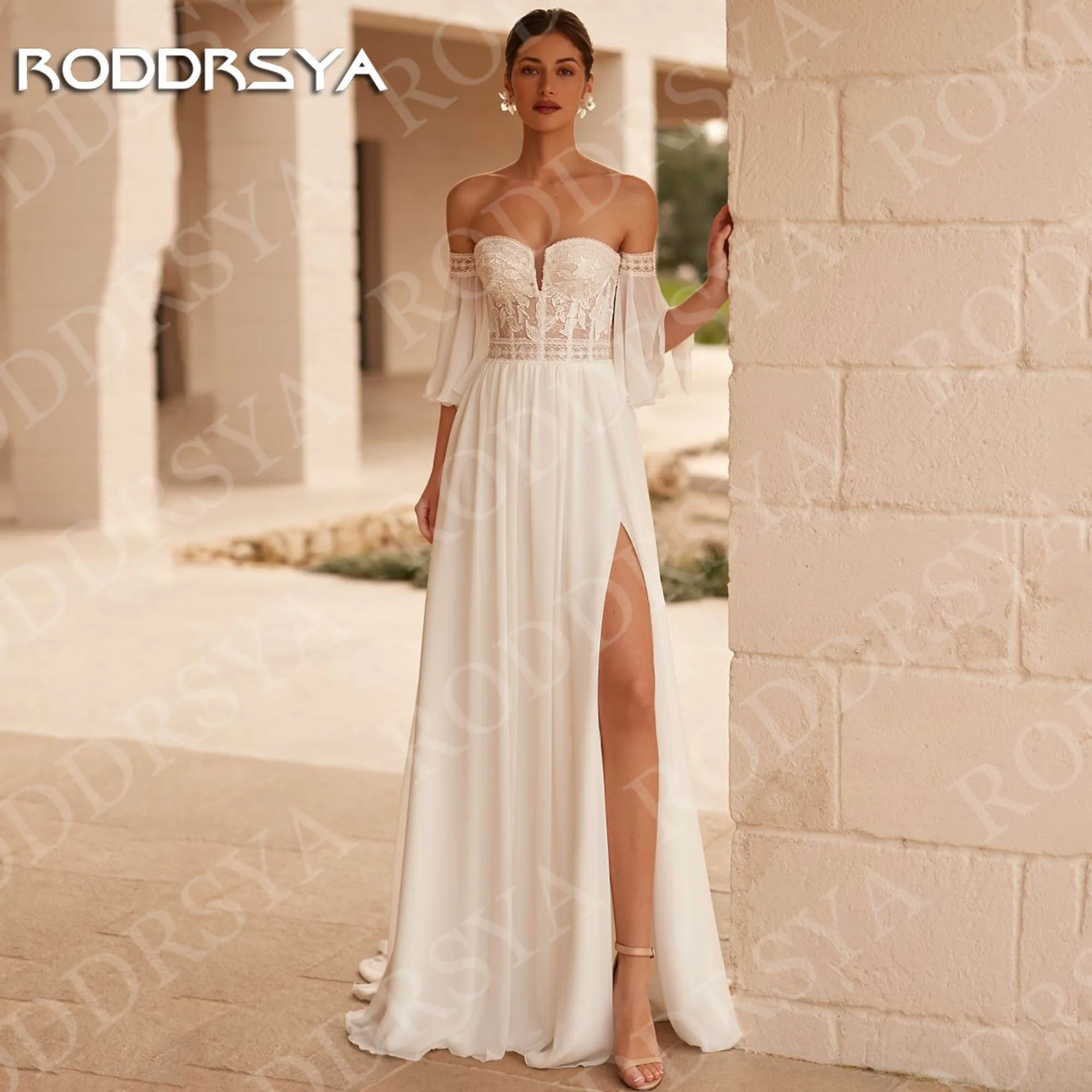 

RODDRSYA Bohemian A Line Wedding Dress Lace Chiffon Romantic Beach High Slit Bride Dresses Customized vestidos de novias de boda