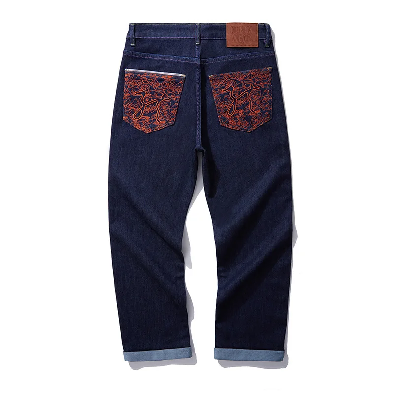 

Мужские джинсы свободного кроя с вышивкой красного дракона, осень 2023, с эластичным поясом, джинсовые брюки для молодежи, на молнии