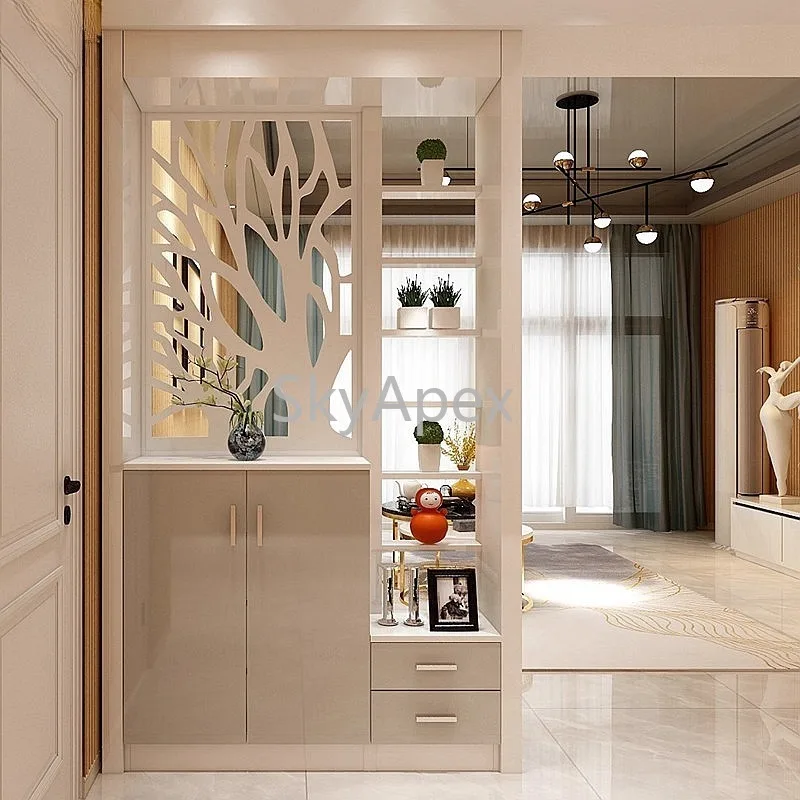 White  Lacquered  Modern  Entrance Partition Shoe Cabinet Foyer Decor Screen Living Room Cabinet Anti-scratch Elegant Easy Clean